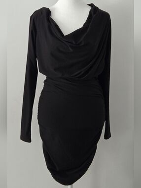 Only Black Long-Sleeve Draped Cowl Neck Dress